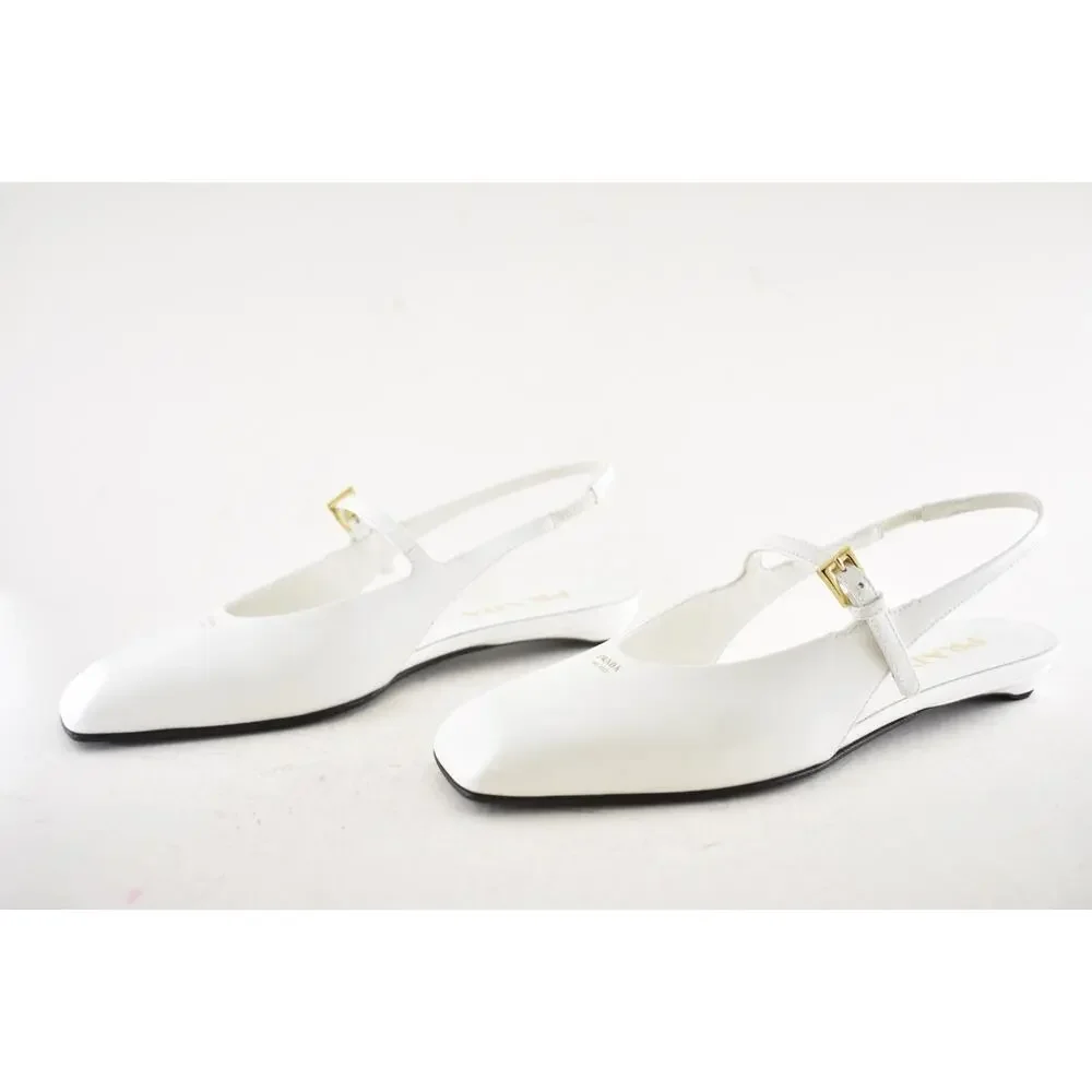 Prada White Leather Square Toe Mary Jane Slingback Ballerina Ballet Flat 37.5 - Picture 16 of 16